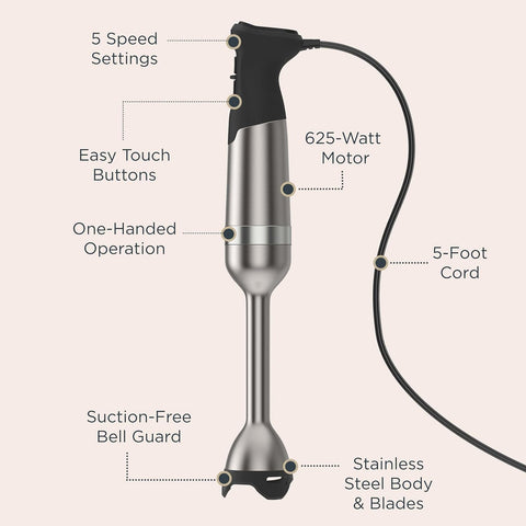 Vitamix 5-Speed Immersion Blender 5-Piece Bundle, 625-Watt Motor, One-Handed Operation, 5 ft cord, includes Mini-Chopper, Blending Jar, Whisk Attachment & Storage Case, Stainless Steel/Black