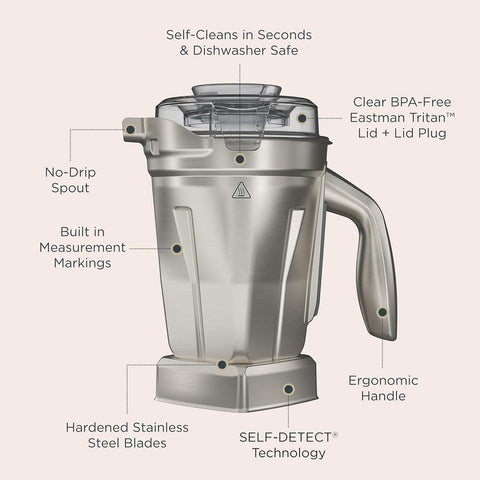 Vitamix 48-Ounce Stainless-Steel Blender Container with SELF-DETECT, Dishwasher-Safe, BPA-Free Clear Lid, Laser-Cut Stainless-Steel Blades, Compatible with All Full-Size Vitamix Blenders