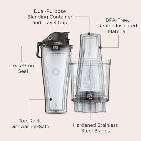 Vitamix Personal Cup Adapter, BPA-Free, Dishwasher-Safe, Two 20-Ounce Blender Cups, Two Lids, and One Blender Adapter with Stainless-Steel Blades, Not Compatible with Ascent or Venturist Series