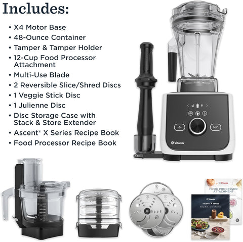 Vitamix Ascent X4 Gourmet SmartPrep Kitchen System, Professional-Grade Blender, Stainless-Steel Blades, 12-Cup Food Processor Attachment with 4 Discs, 48 Oz Blender Container, White